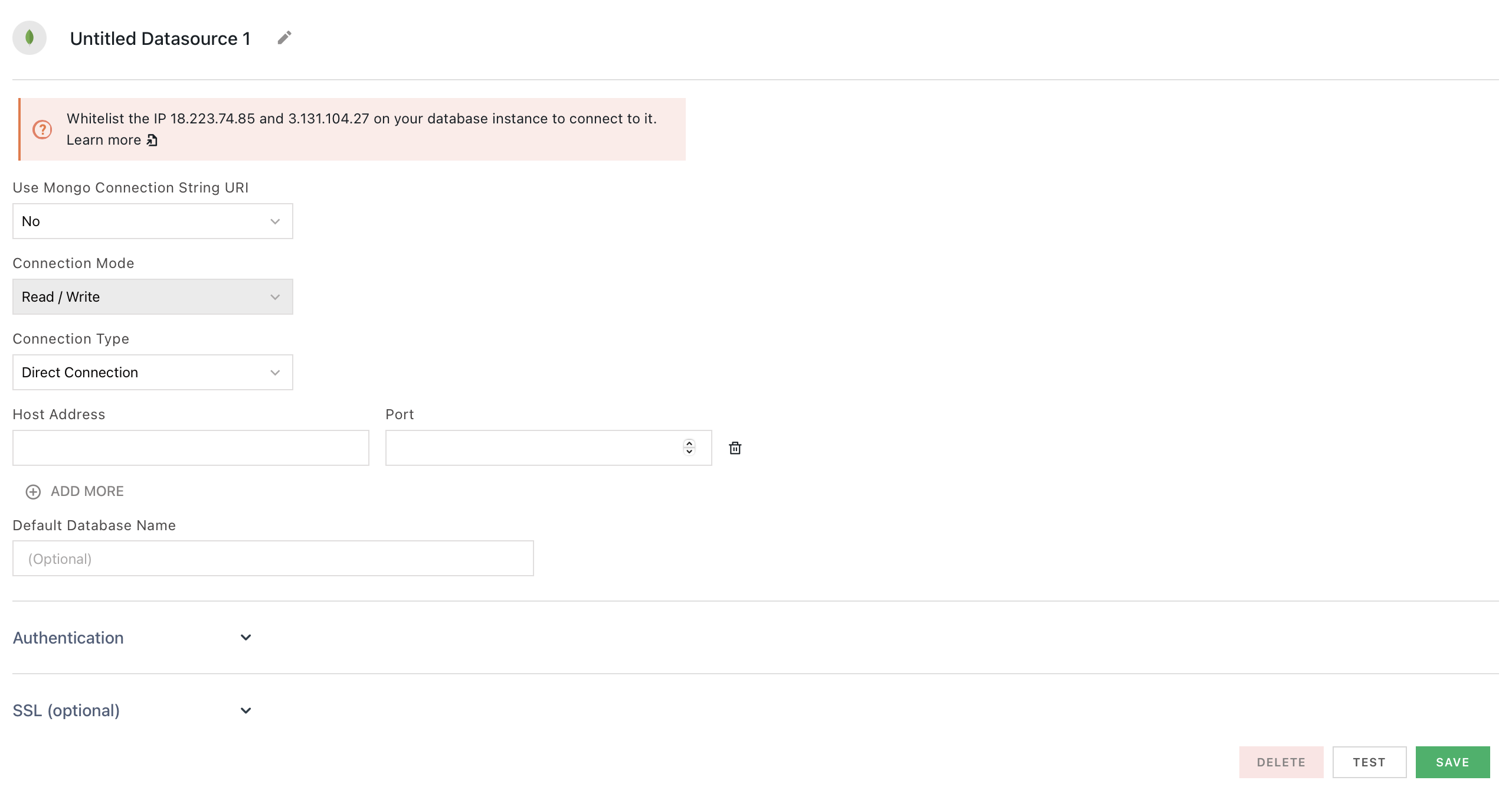 Connect MongoDB using multiple parameter fields